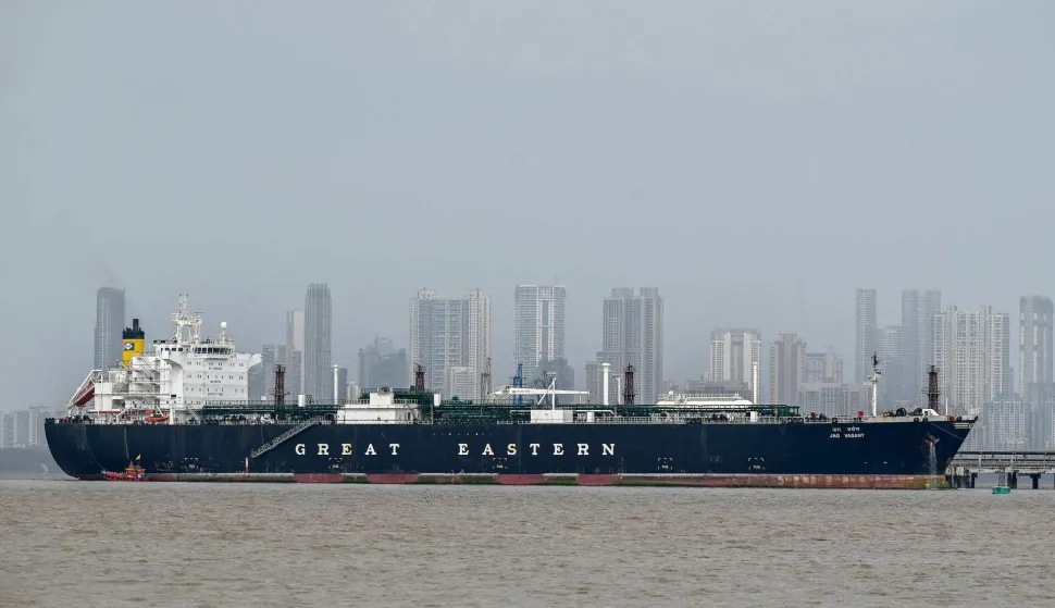 Jag Vasant, an Indian-flagged tanker carrying liquefied petroleum gas (LPG) that transited through the Strait of Hormuz amid the Middle East war, remains docked at an offloading terminal along the coast in Mumbai on April 1, 2026. (Photo by Punit PARANJPE/AFP)