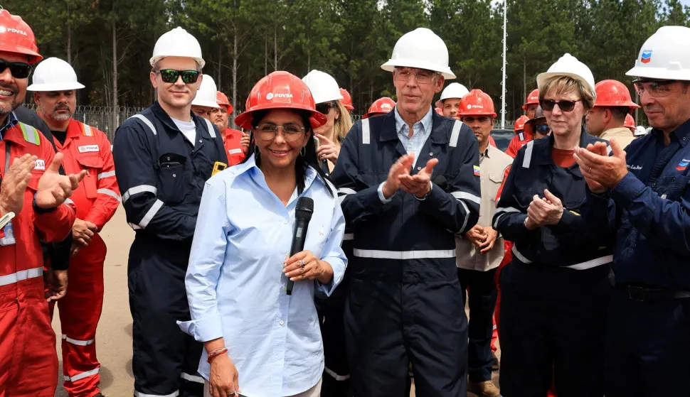 FILE PHOTO: Venezuela's interim President Delcy Rodriguez, U.S. Energy Secretary Chris Wright and U.S. Charge d'Affaires for Venezuela Laura Dogu visit oil production facilities at the joint venture between Chevron and state oil company PDVSA in the Orinoco Oil Belt, following an agreement to pursue long-term energy cooperation after recent sanction relief and legal reforms that opened Venezuela's oil sector to greater foreign investment, in Maturin, Monagas state, Venezuela February 12, 2026. Miraflores Palace/Handout via REUTERS ATTENTION EDITORS - THIS IMAGE HAS BEEN SUPPLIED BY A THIRD PARTY/File Photo Photo: MIRAFLORES PALACE/REUTERS