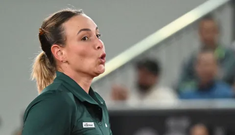 Croatia's Donna Vekic reacts while playing against Austria's Anastasia Potapova during their women's semi-final match of the WTA Upper Austria Women's Linz tennis tournament in Linz, Austria on April 11, 2026. (Photo by BARBARA GINDL/APA/AFP)/Austria OUT
