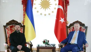 This handout photograph taken and released by the Turkish presidential press service on April 4, 2026, shows Turkey's President Recep Tayyip Erdogan (R) and Ukraine's President Volodymyr Zelensky (L) attending a bilateral meeting on security at Dolmabahce Presidential Office, in Istanbul. The visit comes a day after Erdogan spoke with Russia's President Vladimir Putin, who accused Kyiv of attempting to target the gas pipeline between Russia and Turkey that also supplies several European countries. (Photo by HANDOUT/TURKISH PRESIDENTIAL PRESS SERVICE/AFP)/RESTRICTED TO EDITORIAL USE - MANDATORY CREDIT "AFP PHOTO/TURKISH PRESIDENTIAL PRESS SERVICE" - NO MARKETING NO ADVERTISING CAMPAIGNS - DISTRIBUTED AS A SERVICE TO CLIENTS