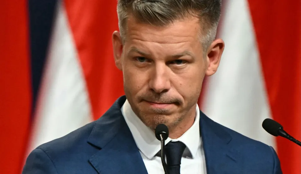 Peter Magyar, election winner and leader of the pro-European conservative TISZA party, delivers a press conference at the HUNGEXPO Congress and Exhibition Center in Budapest, Hungary, on April 13, 2026, one day after Hungarian general elections. The party of conservative Peter Magyar won a two-thirds parliamentary majority in Hungarian elections in a clear defeat for nationalist long-time Prime Minister Viktor Orban, according to near-complete results. (Photo by Attila KISBENEDEK/AFP)