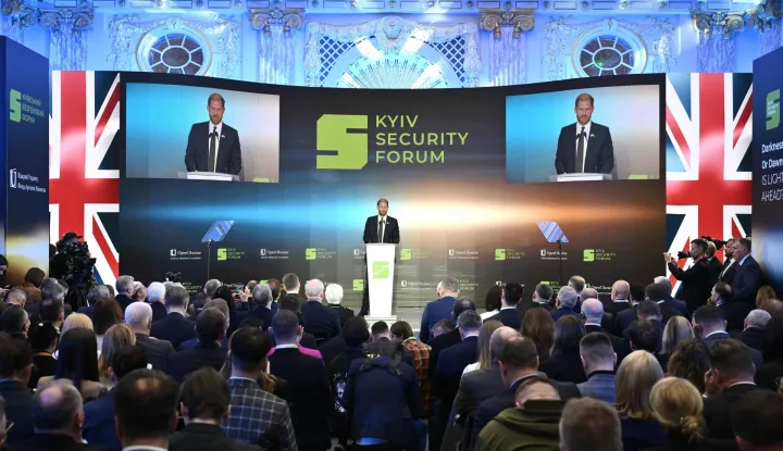 Britain's Prince Harry, Duke of Sussex, delivers a speech during the Kyiv Security Forum, in Kyiv on April 23, 2026. (Photo by Genya Savilov/AFP)