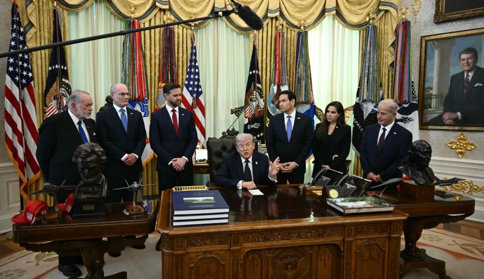 (L-R) US Ambassador to Israel Mike Huckabee, Israel Ambassador to US Yechiel Leiter, US Vice President JD Vance, US Secretary of State Marco Rubio, Lebanon Ambassador to the US Nada Hamadeh Moawad and US ambassador to Lebanon Michel Issa listen as US President Donald Trump speaks during a meeting with Lebanon Ambassador to the US and Israel Ambassador to the US, at the White House in Washington, DC on April 23, 2026. US President Donald Trump met Lebanese and Israeli envoys at a new round of peace talks Thursday, with Beirut seeking a one-month extension of a shaky ceasefire set to expire. (Photo by Brendan SMIALOWSKI/AFP)