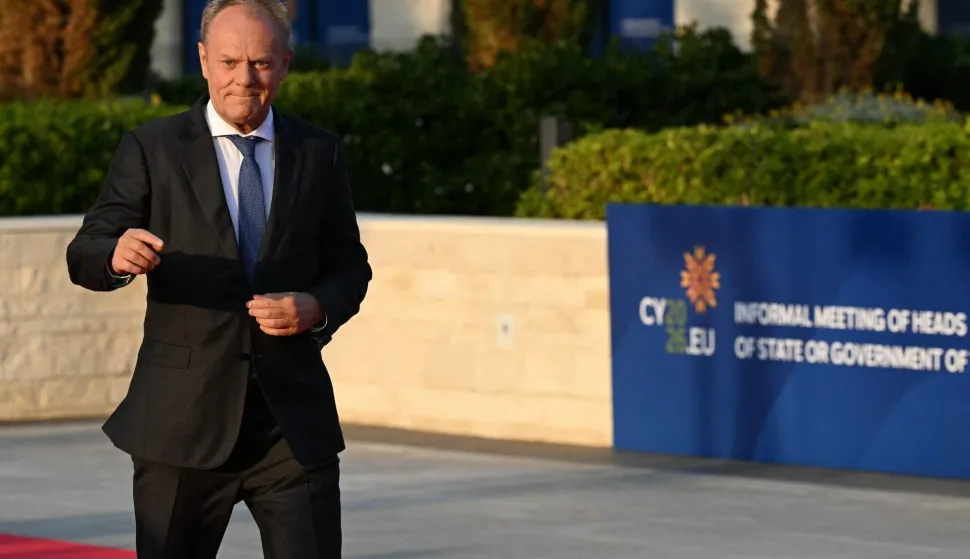 Poland's Prime Minister Donald Tusk walks upon his arrival ahead of an informal meeting of the European Council, in Ayia Napa on April 23, 2026. (Photo by NICOLAS TUCAT/AFP)