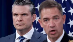 ARLINGTON, VIRGINIA - APRIL 16: U.S. Secretary of War Pete Hegseth listens as Adm. Brad Cooper, the leader of U.S. Central Command, speaks during a press briefing at the Pentagon on April 16, 2026 in Arlington, Virginia. The two spoke about the war between the United States and Israel against Iran as negotiations continue toward a longer-term agreement between the countries. Alex Wong/Getty Images/AFP (Photo by ALEX WONG/GETTY IMAGES NORTH AMERICA/Getty Images via AFP)