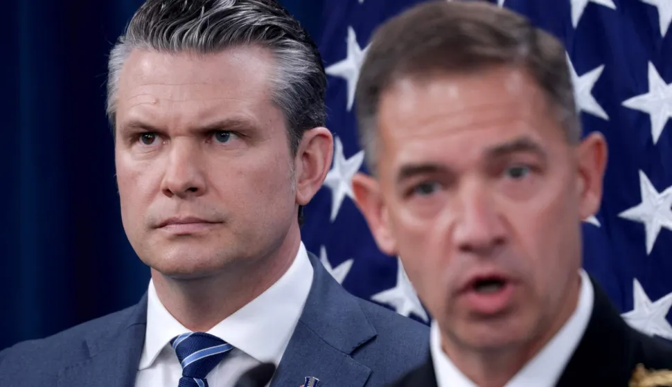 ARLINGTON, VIRGINIA - APRIL 16: U.S. Secretary of War Pete Hegseth listens as Adm. Brad Cooper, the leader of U.S. Central Command, speaks during a press briefing at the Pentagon on April 16, 2026 in Arlington, Virginia. The two spoke about the war between the United States and Israel against Iran as negotiations continue toward a longer-term agreement between the countries. Alex Wong/Getty Images/AFP (Photo by ALEX WONG/GETTY IMAGES NORTH AMERICA/Getty Images via AFP)