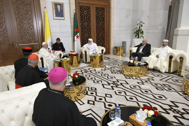 Pope Leo XIV visits the Great Mosque of Algiers 'Djamaa El Djazair' with the Rector of the Mosque Mohammed Al-Mamoun Al-Qasimi Al-Hassani on April 13, 2026 on the first day of his three-day Apostolic Journey to Algeria. The Great Mosque of Algiers is one of the biggest in the world, as it can host up to 120,000 faithful. Photo by (EV) Simone Risoluti/ Vatican Media/ABACAPRESS.COM Photo: Vandeville Eric/ABACA/ABACA