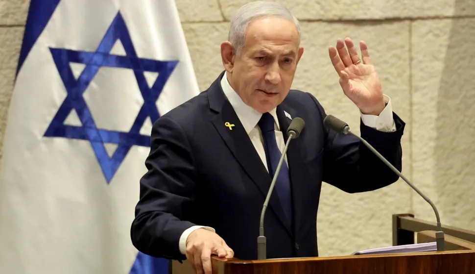 epa12516452 Israel's Prime Minister Benjamin Netanyahu speaks during a plenary session at the Knesset, the Israeli parliament in Jerusalem, 10 November 2025. The session has been initiated by the opposition demanding the establishment of a state inquiry conference to investigate the 07 October 2023 massacre. EPA/ABIR SULTAN
