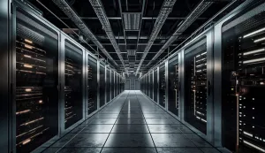 Mainframe in a row, network security design warehouse generated by artificial intelligence