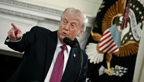 US President Donald Trump speaks during the NCAA Collegiate National Champions Day event at the White House in Washington, DC, on April 21, 2026. (Photo by Brendan SMIALOWSKI/AFP)