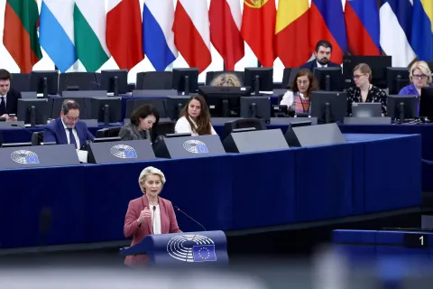 European Commission President Ursula von der Leyen speaks during a joint debate on the preparation of the European Council meeting on March 19 and 20, 2026 and on the US-Israeli military operation against Iran, at the European Parliament in Strasbourg, eastern France, on March 11, 2026. (Photo by FREDERICK FLORIN/AFP)