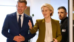 European Commission President Ursula von der Leyen (R) welcomes Hungary's incoming Prime Minister Peter Magyar (L) upon arrival in Brussels on April 29, 2026. Magyar makes his first visit to EU chiefs since his election win, looking to turn the page on the bad blood of his nationalist predecessor's tenure. (Photo by Geert Vanden Wijngaert/POOL/AFP)