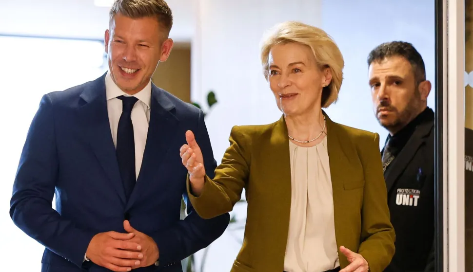 European Commission President Ursula von der Leyen (R) welcomes Hungary's incoming Prime Minister Peter Magyar (L) upon arrival in Brussels on April 29, 2026. Magyar makes his first visit to EU chiefs since his election win, looking to turn the page on the bad blood of his nationalist predecessor's tenure. (Photo by Geert Vanden Wijngaert/POOL/AFP)