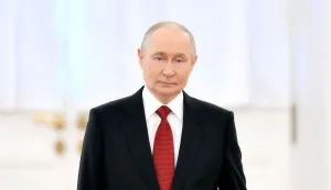In this pool photograph distributed by the Russian state agency Sputnik, Russia's President Vladimir Putin arrives to welcome Congo-Brazzaville's president in Moscow on April 29, 2026. (Photo by Grigory SYSOYEV/POOL/AFP)