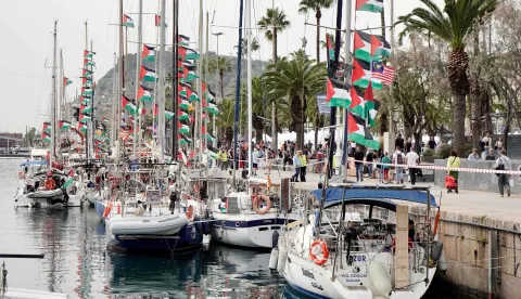 Boats of the new humanitarian flotilla bound for the Gaza Strip, are moored at the port of Barcelona on April 11, 2026, on the eve of their departure. A new flotilla of more than 80 boats and 1,000 international pro-Palestinian activists, who attempted to reach Gaza last year, is preparing for a new mission to the devastated territory from Barcelona tomorrow. Israel's response to the Global Sumud Flotilla's first journey ?intercepting the boats and arresting the activists? sparked international condemnation. (Photo by Manaure Quintero/AFP)