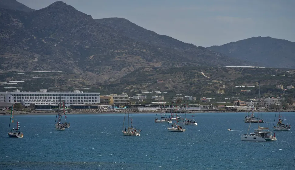 Vessels from the Global Sumud Flotilla, intercepted by the Israeli Navy in international waters, are moored off the coast of the ctown of Ierapetra, on the island of Crete, on May 1, 2026. (Photo by Eleftherios Elis MITZA/AFP)