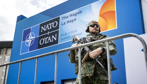 epaselect epa12190804 An armed security member guards the World Forum, the venue of the NATO summit, in The Hague, the Netherlands, 22 June 2025. The Hague will host a NATO Summit from 24 to 25 June, the first such summit to be held in the Netherlands. EPA/REMKO DE WAAL
