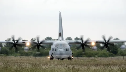 epa12179863 An American four-engine turboprop military transport aircraft Lockheed C-130 Hercules lands during the large-scale annual international military exercise 'BALTOPS 25' (Baltic Operations 2025) at Ventspils airport, in Ventspils, Latvia, 16 June 2025. The 'BALTOPS 25' exercise takes place from 05 to 20 June in the Baltic Sea region and involves 16 NATO member states, more than 40 ships, 25 aircraft, and approximately 9,000 participants. EPA/VALDA KALNINA