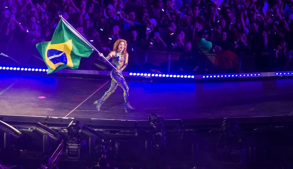 Colombian singer Shakira performs during a free concert at Copacabana beach in Rio de Janeiro, Brazil on May 2, 2026. (Photo by Daniel RAMALHO/AFP)