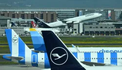 An aircraft of German airline Lufthansa takes the start at the Frankfurt International airport on the day of the official inauguration of new Terminal 3 on April 22, 2026 in Frankfurt, western Germany. (Photo by Kirill KUDRYAVTSEV/AFP)