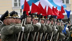 Troops attend a rehearsal for the Victory Day military parade at Dvortsovaya (Palace) Square in Saint Petersburg on April 23, 2026. (Photo by Olga MALTSEVA/AFP)