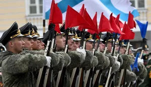 Troops attend a rehearsal for the Victory Day military parade at Dvortsovaya (Palace) Square in Saint Petersburg on April 23, 2026. (Photo by Olga MALTSEVA/AFP)