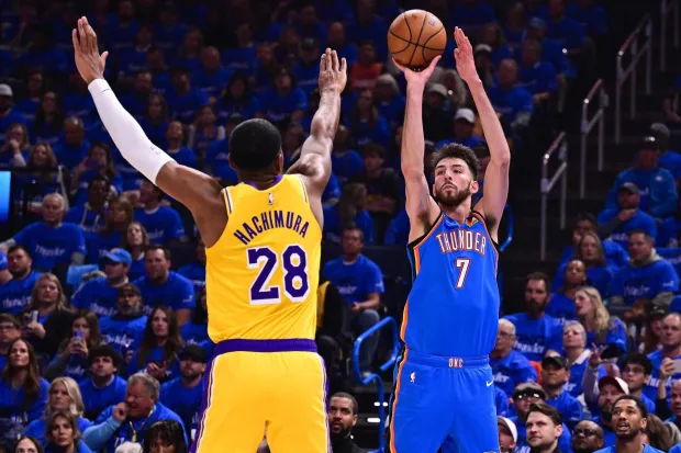OKLAHOMA CITY, OKLAHOMA - MAY 05: Chet Holmgren #7 of the Oklahoma City Thunder shoots against Rui Hachimura #28 of the Los Angeles Lakers during the first quarter in Game One of the Second Round of the NBA Western Conference Playoffs at Paycom Center on May 05, 2026 in Oklahoma City, Oklahoma. NOTE TO USER: User expressly acknowledges and agrees that, by downloading and or using this photograph, User is consenting to the terms and conditions of the Getty Images License Agreement. Joshua Gateley/Getty Images/AFP (Photo by Joshua Gateley/GETTY IMAGES NORTH AMERICA/Getty Images via AFP)