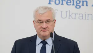 Ukraine's Foreign Minister Andrii Sybiha speaks during a briefing marking Ukrainian Defence Industry Day in Kyiv, on April 13, 2026, amid the Russian invasion of Ukraine. (Photo by Tetiana DZHAFAROVA/AFP)