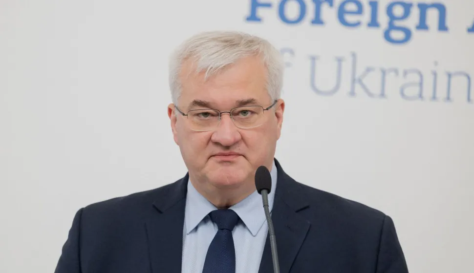 Ukraine's Foreign Minister Andrii Sybiha speaks during a briefing marking Ukrainian Defence Industry Day in Kyiv, on April 13, 2026, amid the Russian invasion of Ukraine. (Photo by Tetiana DZHAFAROVA/AFP)