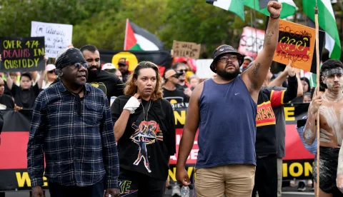 epa11853585 Participants walk during an Invasion Day rally in Sydney, Australia, 26 January 2025. Australia Day, the official national day of Australia, also known as Invasion Day as it marks the colonization of the country's Aboriginal people, is celebrated every year on 26 January. It commemorates the 1788 landing of the First Fleet and the raising of Great Britain's Union Jack. EPA/STEVEN MARKHAM AUSTRALIA AND NEW ZEALAND OUT