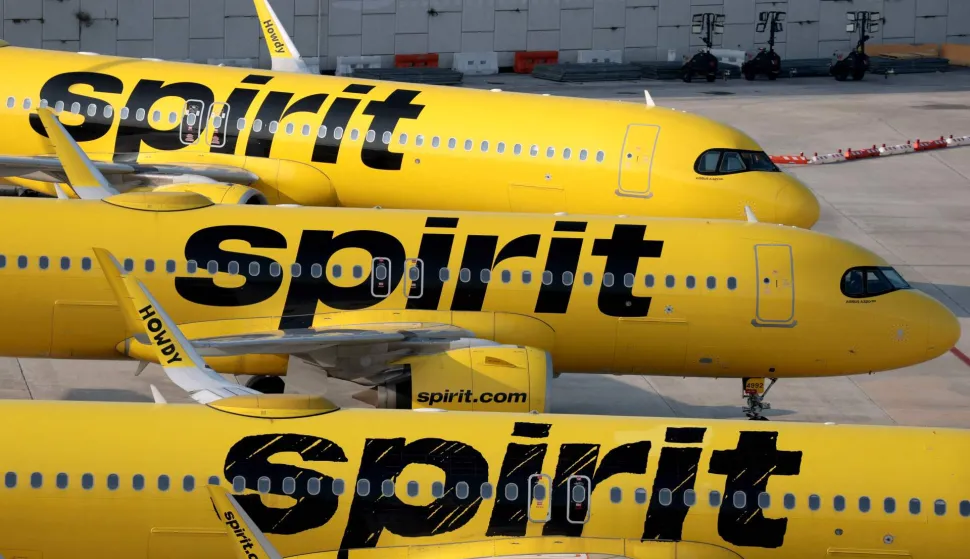 FORT LAUDERDALE, FLORIDA - MAY 02: Spirit Airlines planes are parked on the tarmac at the Fort Lauderdale-Hollywood International Airport on May 02, 2026 in Fort Lauderdale, Florida. Spirit Aviation Holdings Inc. has begun a wind-down of Spirit Airlines operations after failing to secure funding from the Trump administration, and the airline has canceled flights. Joe Raedle/Getty Images/AFP (Photo by JOE RAEDLE/GETTY IMAGES NORTH AMERICA/Getty Images via AFP)