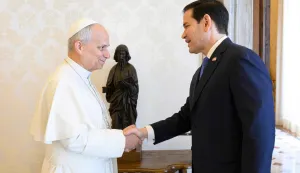This photo taken and handout on May 7, 2026 by The Vatican Media shows Pope Leo XIV during a private audience with U.S. Secretary of State Marco Rubio in The Vatican. (Photo by Handout/VATICAN MEDIA/AFP)/RESTRICTED TO EDITORIAL USE - MANDATORY CREDIT "AFP PHOTO/VATICAN MEDIA" - NO MARKETING - NO ADVERTISING CAMPAIGNS - DISTRIBUTED AS A SERVICE TO CLIENTS