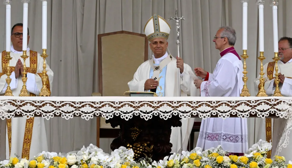 Pope Leo XIV leads a mass outside the Shrine of the Virgin of the Rosary of Pompei during a pastoral visit in Pompei on May 8, 2026. (Photo by Andreas SOLARO/AFP)