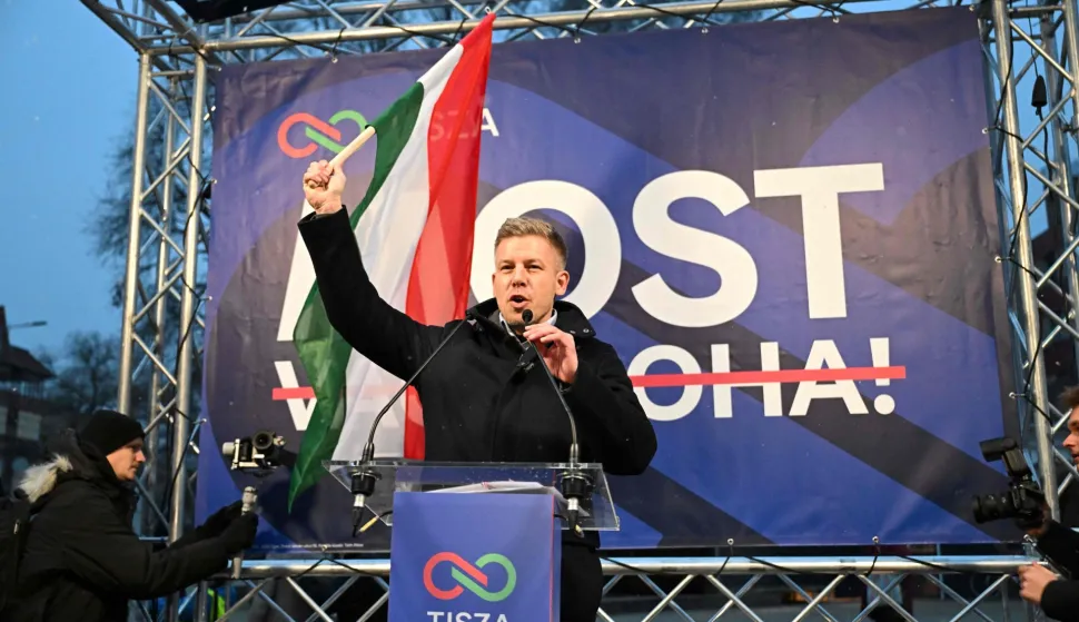 (FILES) Hungarian opposition leader, head of the TISZA party and candidate for Hungarian Prime Minister Peter Magyar adresses supporters on February 16, 20226 at a campaign rally in Mezokovesd, the first stop on his resumed nationwide tour ahead of the April 12 election. Pro-European conservative Peter Magyar will be officially sworn in as Prime Minister by the Hungarian parliament on May 9, 2026, just under a month after his landslide victory in the parliamentary elections against nationalist Viktor Orban. (Photo by Attila KISBENEDEK/AFP)