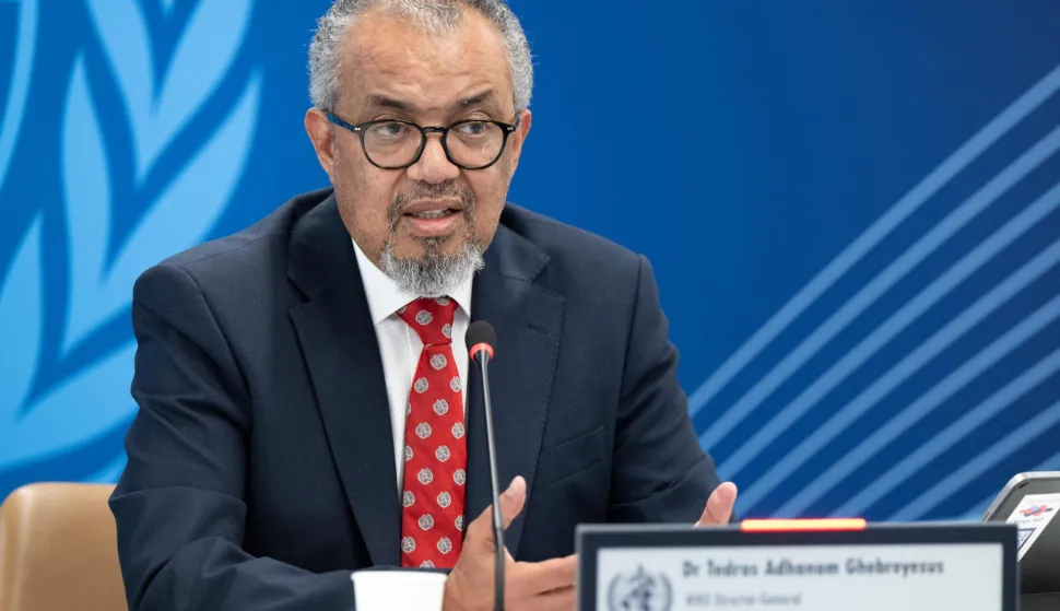 This handhout photograph taken and released on May 7, 2026 by the World Health Organization (WHO) shows its Director-General Tedros Adhanom Ghebreyesus speaking during a virtual press conference on the hantavirus cluster linked to a cruise ship travel, at the WHO headquarters, in Geneva. The World Health Organization said that more cases of the hantavirus could emerge but expected the outbreak to be "limited" if precautions are taken, after the disease killed three passengers from a cruise ship. (Photo by Christopher BLACK/World Health Organization/AFP)/RESTRICTED TO EDITORIAL USE - MANDATORY CREDIT "AFP PHOTO/WHO/Christopher BLACK " - HANDOUT - NO MARKETING NO ADVERTISING CAMPAIGNS - DISTRIBUTED AS A SERVICE TO CLIENTS