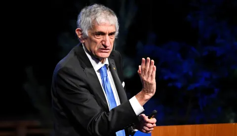 Nobel Prize winner in Physics, John M. Martinis, speaks during the Nobel Prize lecture in Physics in Aula Magna at Stockholm University in Stockholm, Sweden, December 8, 2025. TT News Agency/Christine Olsson/via REUTERS  ATTENTION EDITORS - THIS IMAGE WAS PROVIDED BY A THIRD PARTY. SWEDEN OUT. NO COMMERCIAL OR EDITORIAL SALES IN SWEDEN. Photo: CHRISTINE OLSSON/REUTERS