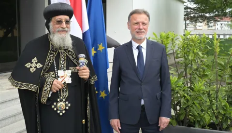Zagreb, 11.05.2026. - Predsjednik Hrvatskoga sabora Gordan Jandroković primio je patrijarha Aleksandrije i poglavara Koptske staroistočne pravoslavne Crkve iz Egipta, papu Tawadrosa II. foto HINA/ Hrvatski sabor/ tm
