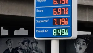 LOS ANGELES, CALIFORNIA - MAY 04: Gas prices over  a gallon are displayed at a Mobil station on May 04, 2026 in Los Angeles, California. Gas prices have surged to a national average of .45 a gallon, a 4-year high, as tensions in the Middle East continue. Gasoline in California is over  a gallon. Justin Sullivan/Getty Images/AFP (Photo by JUSTIN SULLIVAN/GETTY IMAGES NORTH AMERICA/Getty Images via AFP)