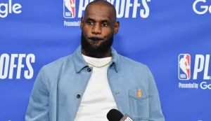 LOS ANGELES, CALIFORNIA - MAY 11: LeBron James #23 of the Los Angeles Lakers speaks to the media during a press conference after Game Four of the Second Round of the NBA Western Conference Playoffs against the Oklahoma City Thunder at Crypto.com Arena on May 11, 2026 in Los Angeles, California. NOTE TO USER: User expressly acknowledges and agrees that, by downloading and or using this photograph, User is consenting to the terms and conditions of the Getty Images License Agreement. Allen Berezovsky/Getty Images/AFP (Photo by Allen Berezovsky/GETTY IMAGES NORTH AMERICA/Getty Images via AFP)