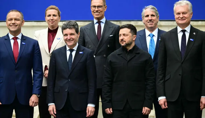 (From L) Poland's President Karol Nawrocki, Denmark's Prime Minister Mette Frederiksen, Romania's President Nicusor Dan, Finland's President Alexander Stubb, Ukraine's President Volodymyr Zelensky, US Under Secretary of State for Arms Control and International Security Thomas DiNanno and Lithuania's President Gitanas Nauseda pose for a family picture during the summit of the Bucharest Nine (B9) and the Nordic countries at the Cotroceni Palace in Bucharest, Romania on May 13, 2026. The event is under the overarching theme of 'Delivering More for Transatlantic Security' and will focus on transatlantic security and NATO?s forthcoming summit in Ankara. The B9 format, also known as NATO's Eastern Flank, includes Bulgaria, the Czech Republic, Estonia, Hungary, Latvia, Lithuania, Poland, Romania and Slovakia. (Photo by Daniel MIHAILESCU/AFP)
