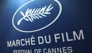 This photograph taken on May 12, 2026 shows a logo of the Marche du Film (film market) in the Palais du Festival before the start of the 79th edition of the Cannes Film Festival in Cannes, southern France. (Photo by Sameer AL-DOUMY/AFP)