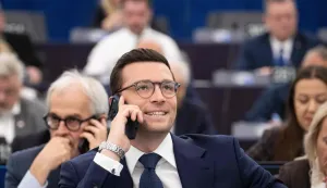 French far-right Rassemblement National RN party's President and Member of the European Parliament (MEP) Jordan Bardella speaks on the phone during a plenary session at the European Parliament in Strasbourg, eastern France, on April 29, 2026. (Photo by SEBASTIEN BOZON/AFP)
