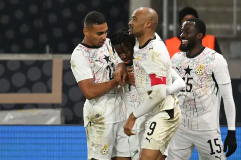 Ghana's players Ghana's forward #22 Kamaldeen Sulemana (L), Ghana's forward #09 Jordan Ayew (2R) and Ghana's midfielder #15 Elisha Owusu (R) celebrate after Ghana's forward #07 Fatawu Issahaku (2L) scored his team's first goal during the international friendly football match between Germany and Ghana in Stuttgart, southwestern Germany on March 30, 2026. (Photo by THOMAS KIENZLE/AFP)