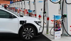 (FILES) This photograph taken on August 4, 2023, shows charging stations for electric cars at the highway service area of Limours-Janvry, south of Paris. New electric car sales in France jumped 48 percent year-on-year in the first four months of the year to 148,302 units, even as the broader automotive market struggled, the automotive industry body PFA, which represents all carmakers, said on May 1, 2026. (Photo by MIGUEL MEDINA/AFP)