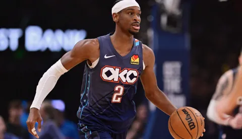 OKLAHOMA CITY, OKLAHOMA - MAY 07: Shai Gilgeous-Alexander #2 of the Oklahoma City Thunder takes the ball out during the first quarter of a game against the Los Angeles Lakers in Game Two of the Second Round of the NBA Western Conference Playoffs at Paycom Center on May 07, 2026 in Oklahoma City, Oklahoma. NOTE TO USER: User expressly acknowledges and agrees that, by downloading and or using this photograph, User is consenting to the terms and conditions of the Getty Images License Agreement. Joshua Gateley/Getty Images/AFP (Photo by Joshua Gateley/GETTY IMAGES NORTH AMERICA/Getty Images via AFP)