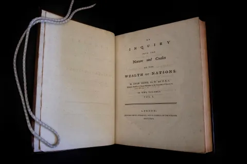 The first edition of The Wealth of Nations, written in 1776 by Scottish philosopher and economist Adam Smith, on display at the University of Glasgow Library, Glasgow, Scotland, Britain February 26, 2026. REUTERS/Lesley Martin  TPX IMAGES OF THE DAY Photo: Lesley Martin/REUTERS