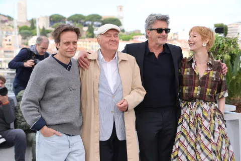 August Diehl, Hanns Zischler, Pawel Pawlikowski and Sandra Huller poses at the photocall of 'Fatherland' during the 79th Cannes Film Festival at Palais des Festivals in Cannes, France, on 15 May 2026.