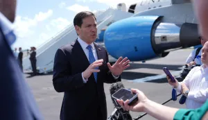US Secretary of State Marco Rubio speaks to the press before boarding his plane at Homestead Air Reserve Base on May 21, 2026 in Homestead, Florida. Rubio is traveling to a NATO foreign ministers meeting in Sweden. (Photo by Julia Demaree Nikhinson/POOL/AFP)