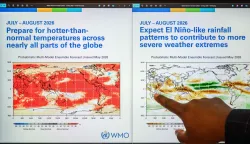 Head of climate prediction services at the World Meteorological Organization (WMO) Wilfran Moufouma-Okia points on graphs displayed on a computer screen at the WMO headquarters in Geneva, on June 1, 2026. There is an 80-percent chance of the warming El Nino phenomenon developing between June and August, increasing the risk of extreme weather events, the World Meteorological Organization said on June 2, 2026. (Photo by Fabrice COFFRINI/AFP)