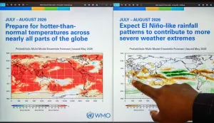 Head of climate prediction services at the World Meteorological Organization (WMO) Wilfran Moufouma-Okia points on graphs displayed on a computer screen at the WMO headquarters in Geneva, on June 1, 2026. There is an 80-percent chance of the warming El Nino phenomenon developing between June and August, increasing the risk of extreme weather events, the World Meteorological Organization said on June 2, 2026. (Photo by Fabrice COFFRINI/AFP)